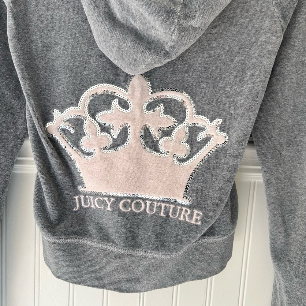 Y2K Juicy Couture Gray Pink Velour Sequin Crown Zip Up Hoodie - Picture 4 of 4